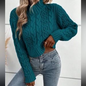 SHEIN Teal Cable Knit Turtleneck Sweater